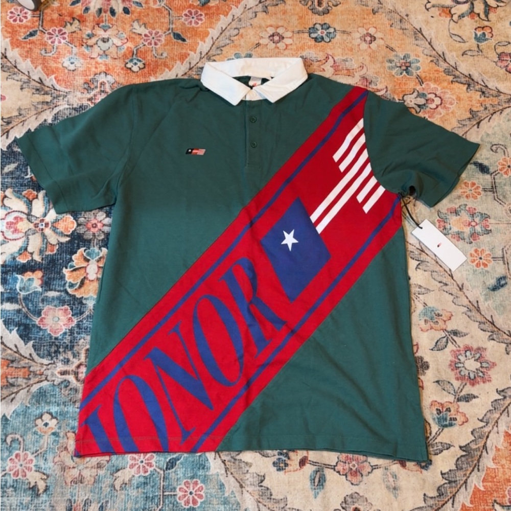 Honor of the Gift Green Polo Shirt with Red and Blue Stripe